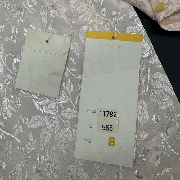 Vintage Peach Floral Dress 80s Nilani Korea Sz 8 Lace Shoulder Pads Drop Waist - Picture 6 of 9